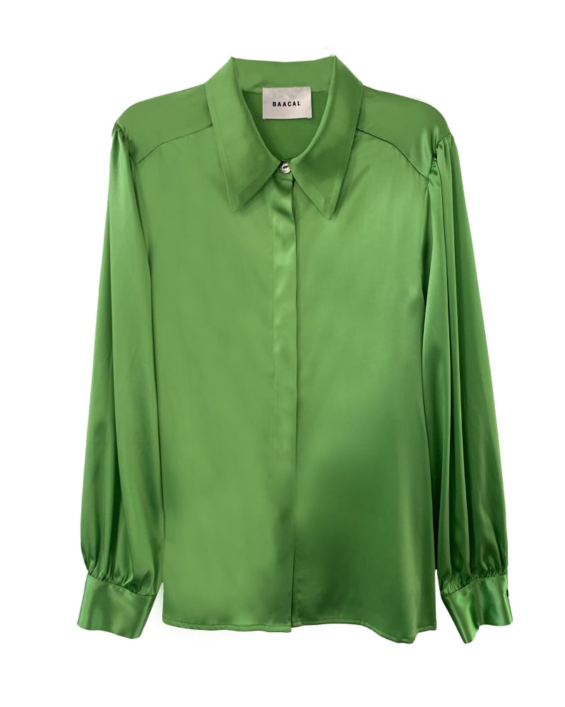 Front of a size 3 Sigourney Blouse in Grass Green Silk in Grass Green by BAACAL. | dia_product_style_image_id:315982